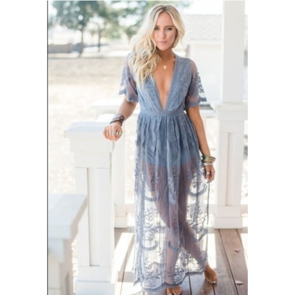 Honey Punch Dusty Blue Lace Maxi Dress